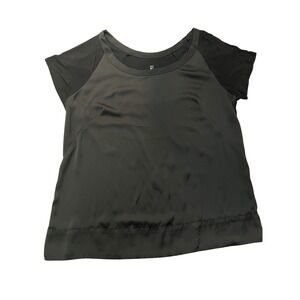 New York & Company Black Mixed Media Satin Front Short Sleeve Blouse Medium